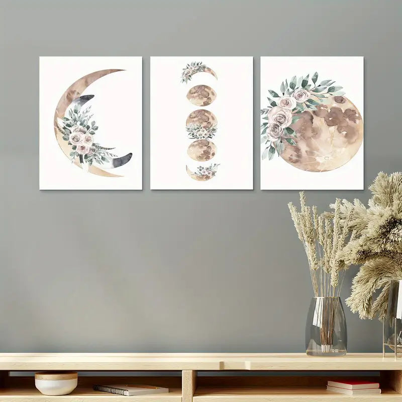 3pcs Celestial with Floral & Botanical Moon Design Metal Print Ready to Hang Art