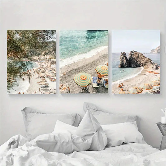 3pcs Cinque Terre Italy Amalfi Beach Painting Metal Print Ready to Hang Art