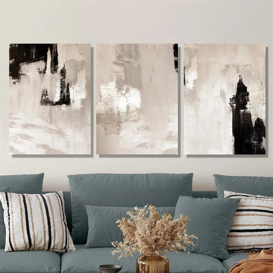 3pcs Modern Abstract Beige & Black Textured Paint Metal Print Ready to Hang Art
