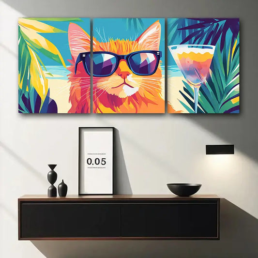 3pcs Tropical Cat with Glasses Metal Print Ready to Hang Art