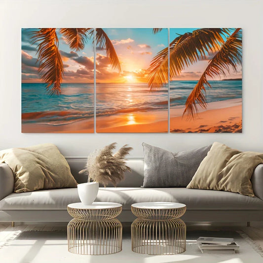 3pcs Stunning Sunrise Beach Tropical Tree Metal Print Ready to Hang Art