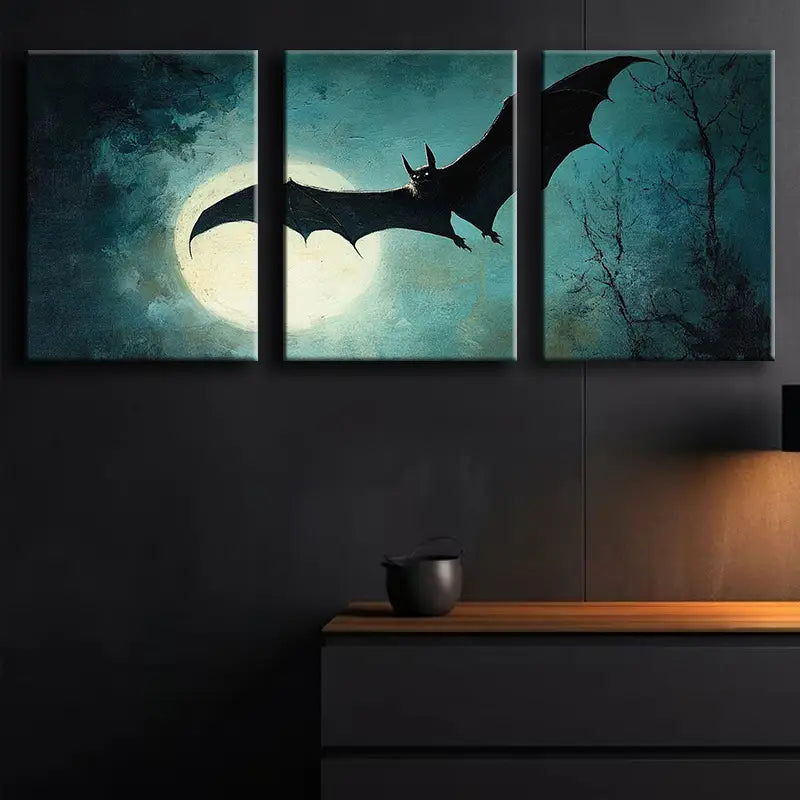 3pcs Featuring Bats Soaring in the Moonlight Metal Print Ready to Hang Art