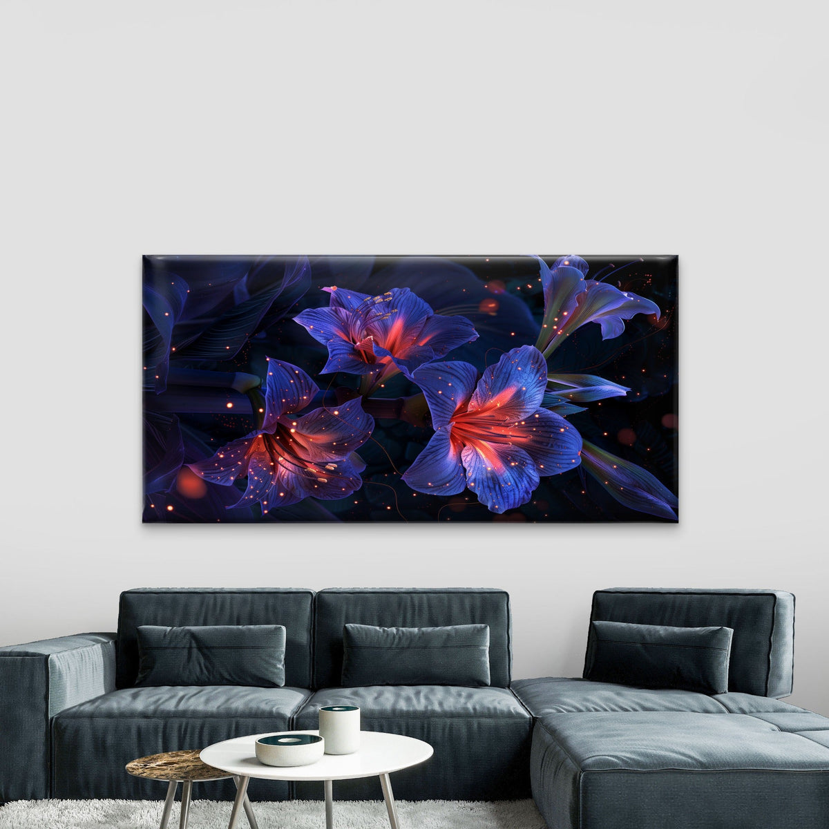 Mystical Blue Neon Flowers Wall Art Canvas Office Home Room Framed 80x45cm