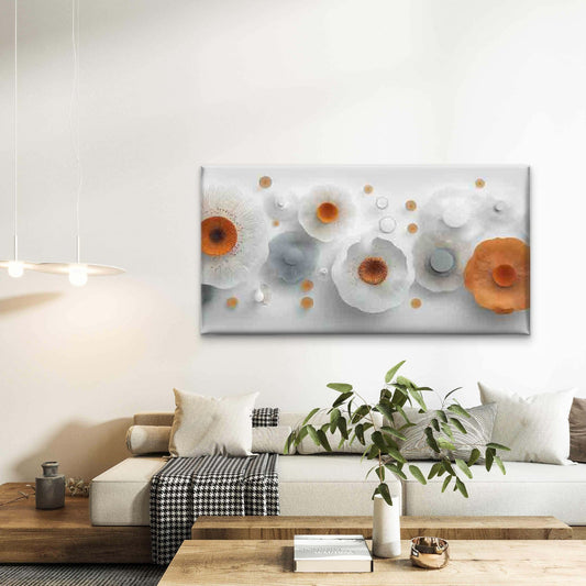 Abstract Floral Orange & White Wall Art Canvas Office Home Room Framed 80x45cm