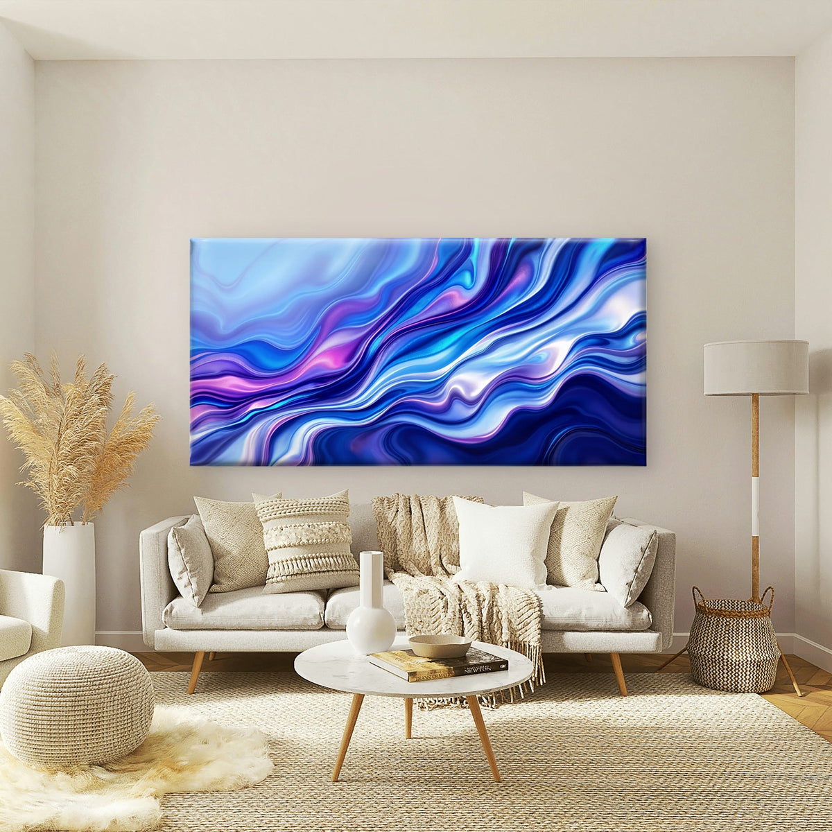 Blue Purple Fluid Waves Wall Art Canvas Office Home Room Framed 80x45cm