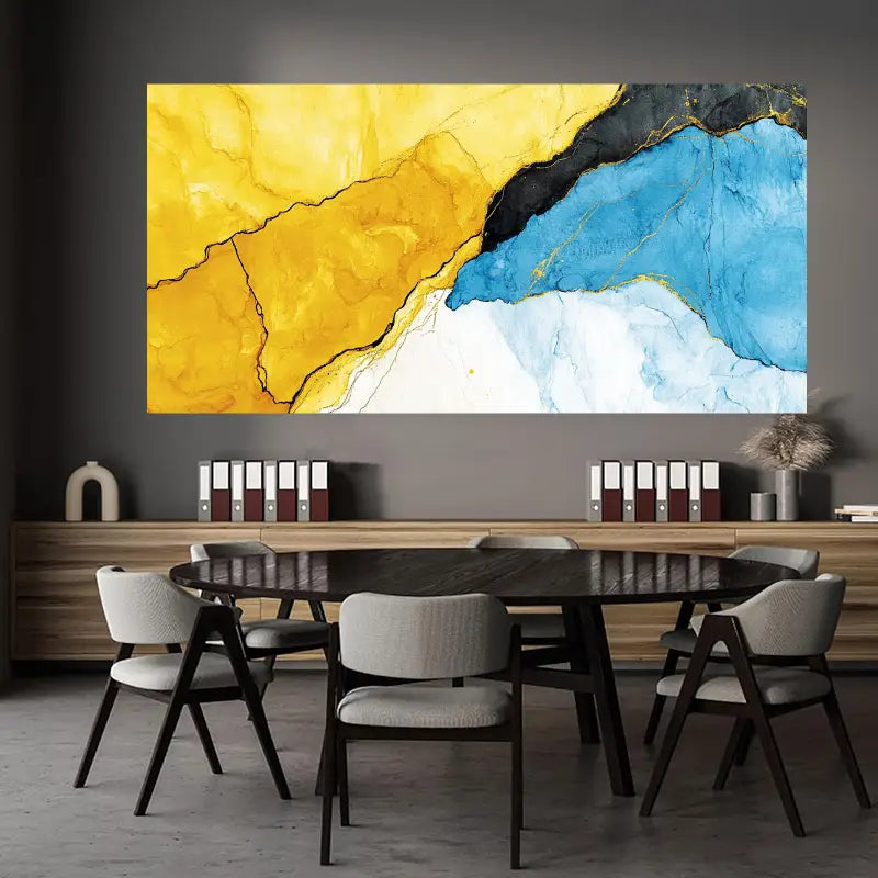 Vibrant Yellow & Blue Marble Design Wall Art wall canvas office home room framed 80x45cm