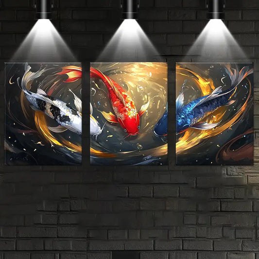 3pcs Koi Fish Vibrant Blue, Red, and Yellow Swirling Design Metal Print Ready to Hang Art