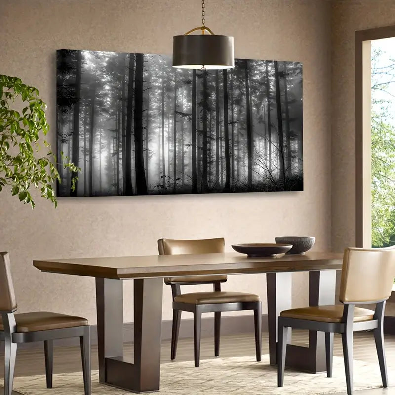 Foggy Forest Black & White Big Trees Wall Art canvas office home room framed 120x60cm