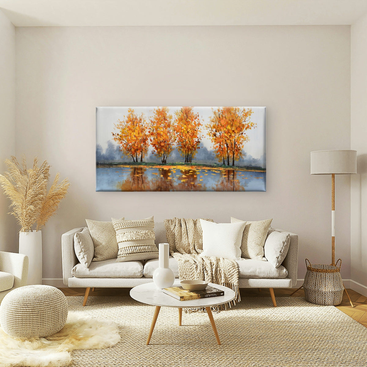 Modern Fall Forest Lake Scene Wall Art Canvas Office Home Room Framed 80x45cm