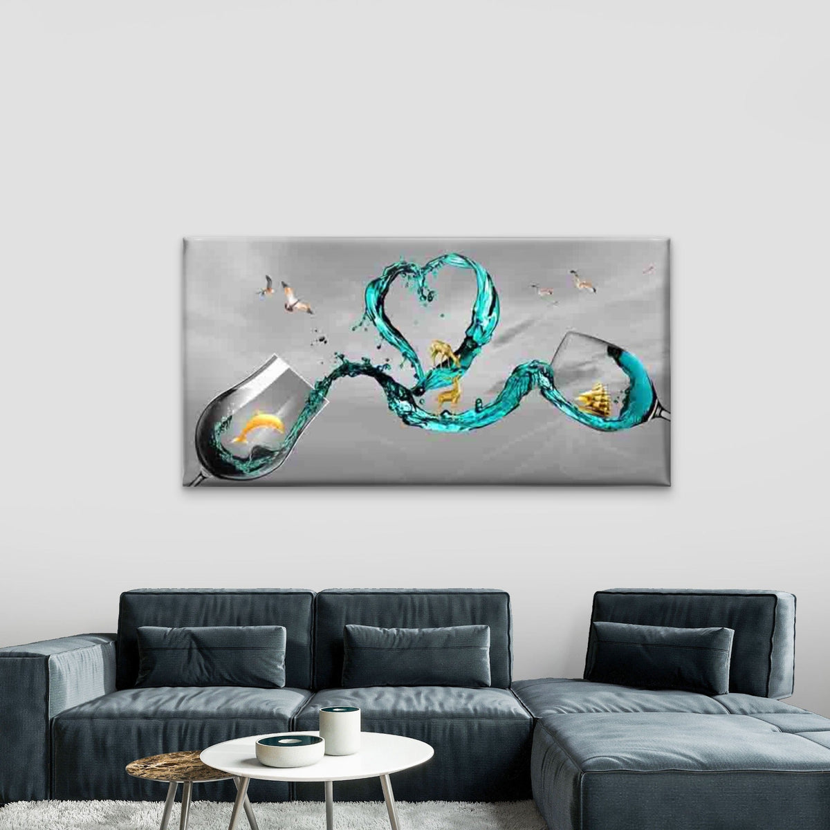 Love Heart Wine Glasses Wall Art Canvas Office Home Room Framed 120x60cm