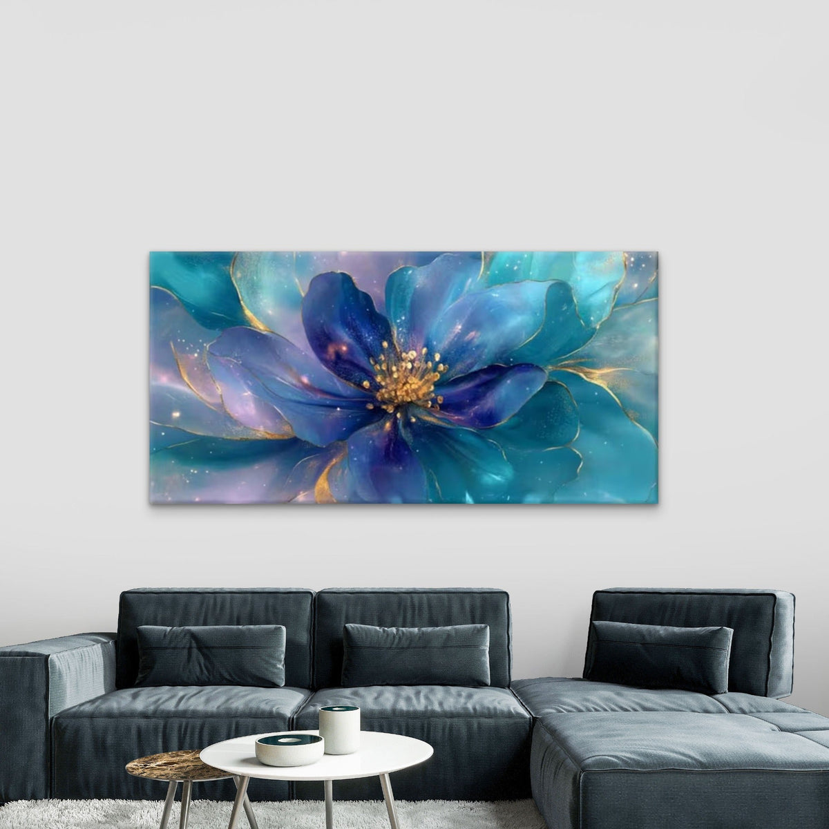 Bohemian Golden & Blue Art Canvas Office Home Room Framed 120x60cm