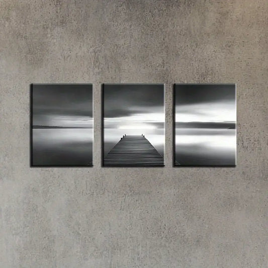 3pcs Black and White Lake Scene Painting Metal Print Ready to Hang Art