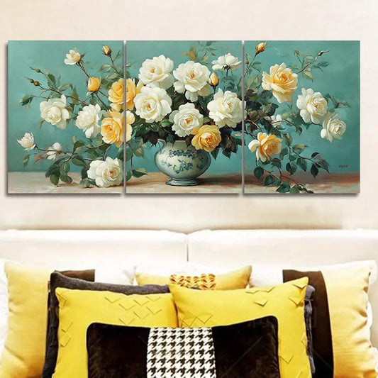 3pcs White Roses in Vase Painting Metal Print Ready to Hang Art