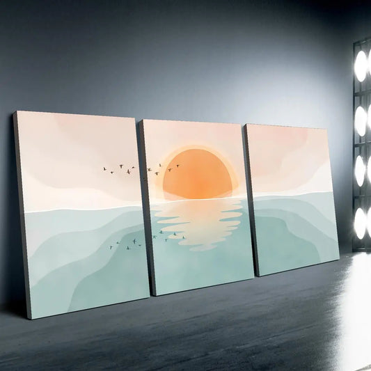3pcs Ocean Waves & Abstract Sun Design Metal Print Ready to Hang Art
