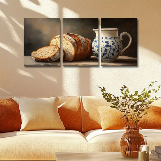 3pcs Elegant Bread & Floral Jug Classic Design Metal Print Ready to Hang Art