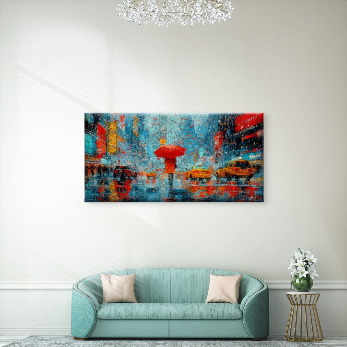 Taxi Red Umbrella Rainy Street Wall Art Canvas Office Home Room Framed 80x45cm
