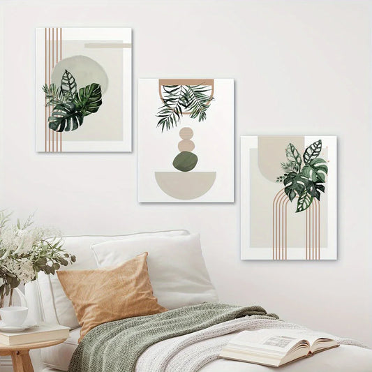 3pcs Abstract Geometric Lines & Watercolor Leaves Metal Print Ready to Hang Art