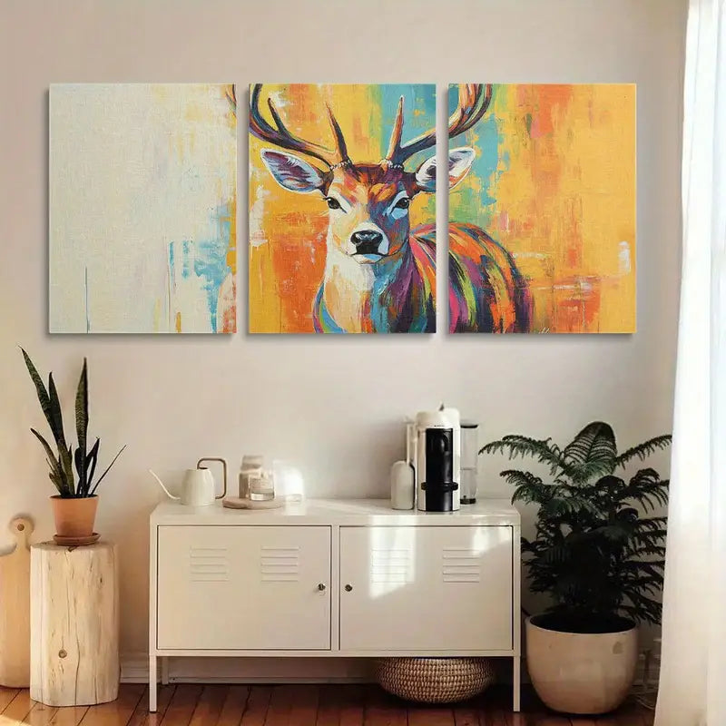 3pcs Watercolor Vibrant Deer Modern Abstract Metal Print Ready to Hang Art