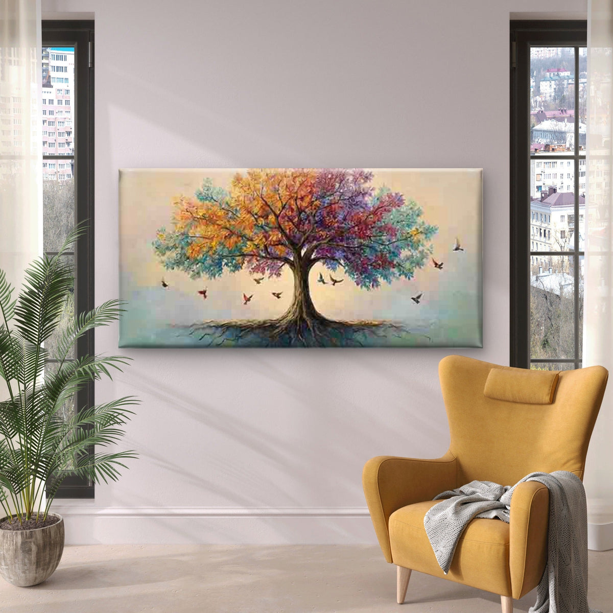 Colorful Tree And Bird Painting Wall Art Canvas Office Home Room Framed 80x45cm