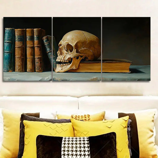 3pcs Skeletons and books on the table Metal Print Ready to Hang Art