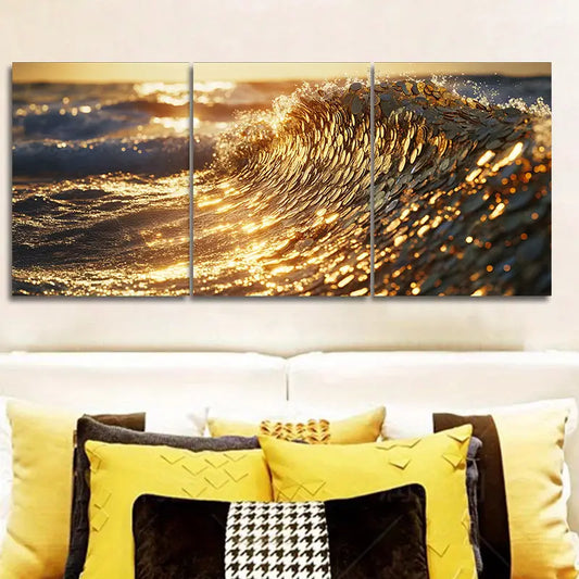 3pcs Gold Coin Waves Metal Print Ready to Hang Art