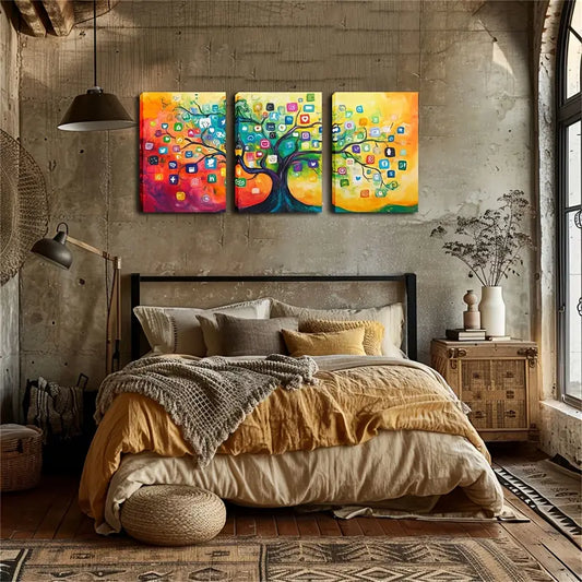 3pcs Vibrant Abstract Tree with Technology & Nature Elements Metal Print Ready to Hang Art