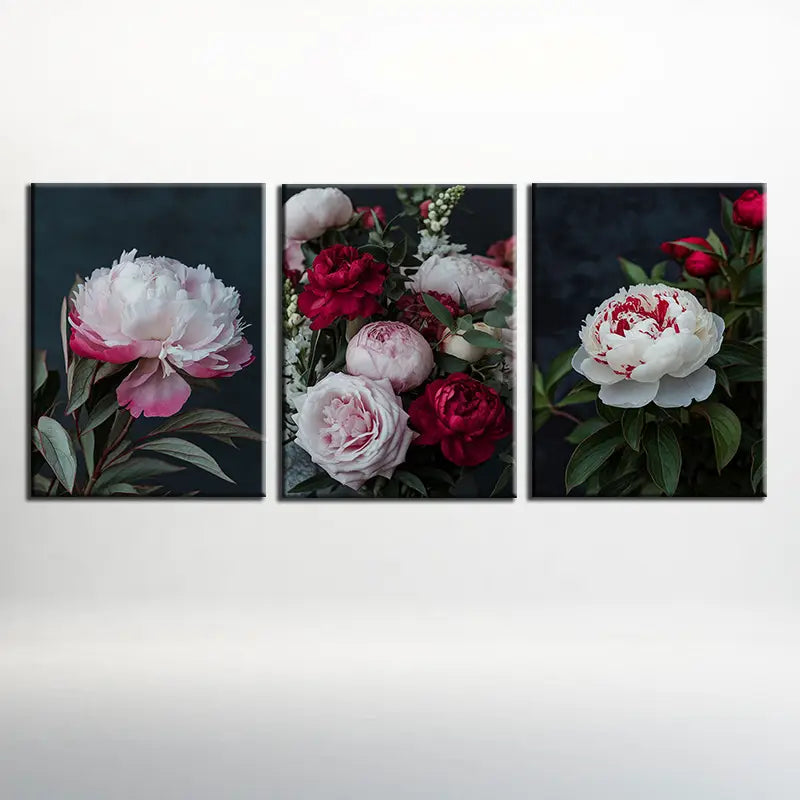 3pcs Oil Paintings with Peonies, Roses & Lush Greenery Metal Print Ready to Hang Art