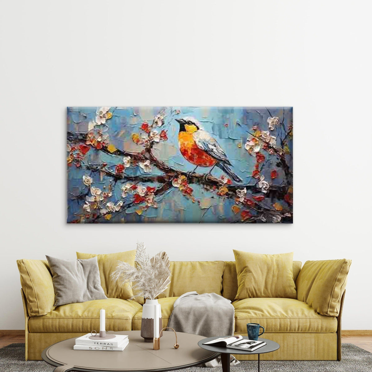 Bird In Branch Oil Painting Wall Art Canvas Office Home Room Framed 120x60cm