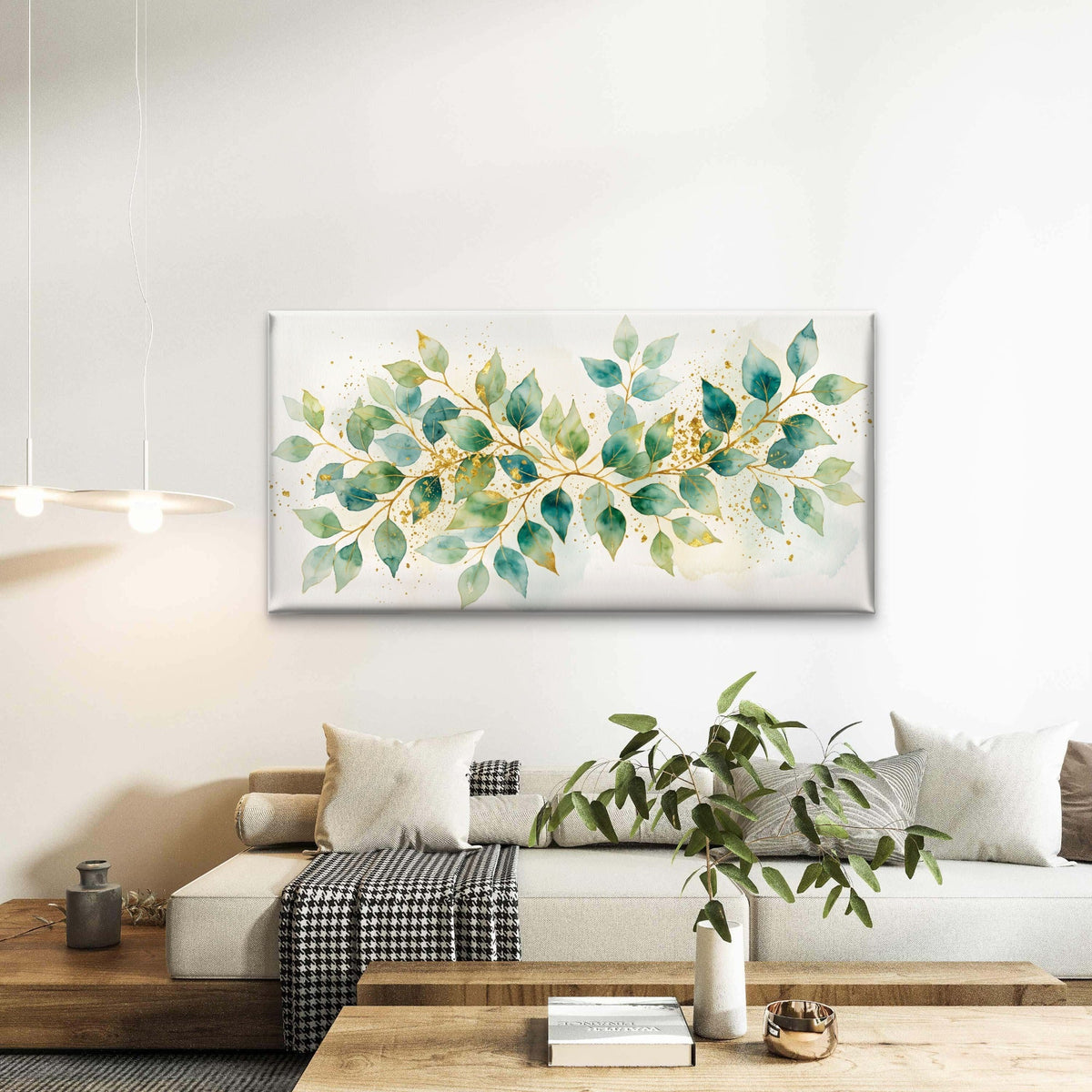Watercolor Teal Green Leaves Gold Splatter Branches Wall Art Canvas Office Home Room Framed 80x45cm