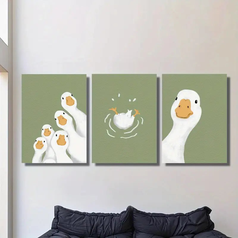 3pcs Playful Sage Green Adorable Duck Metal Print Ready to Hang Art