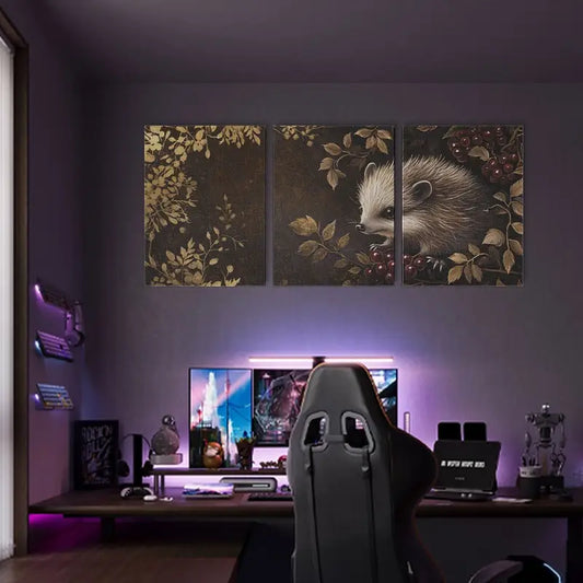 3pcs Cute Hedgehog Charming Animal Design with Floral Metal Print Ready to Hang Art