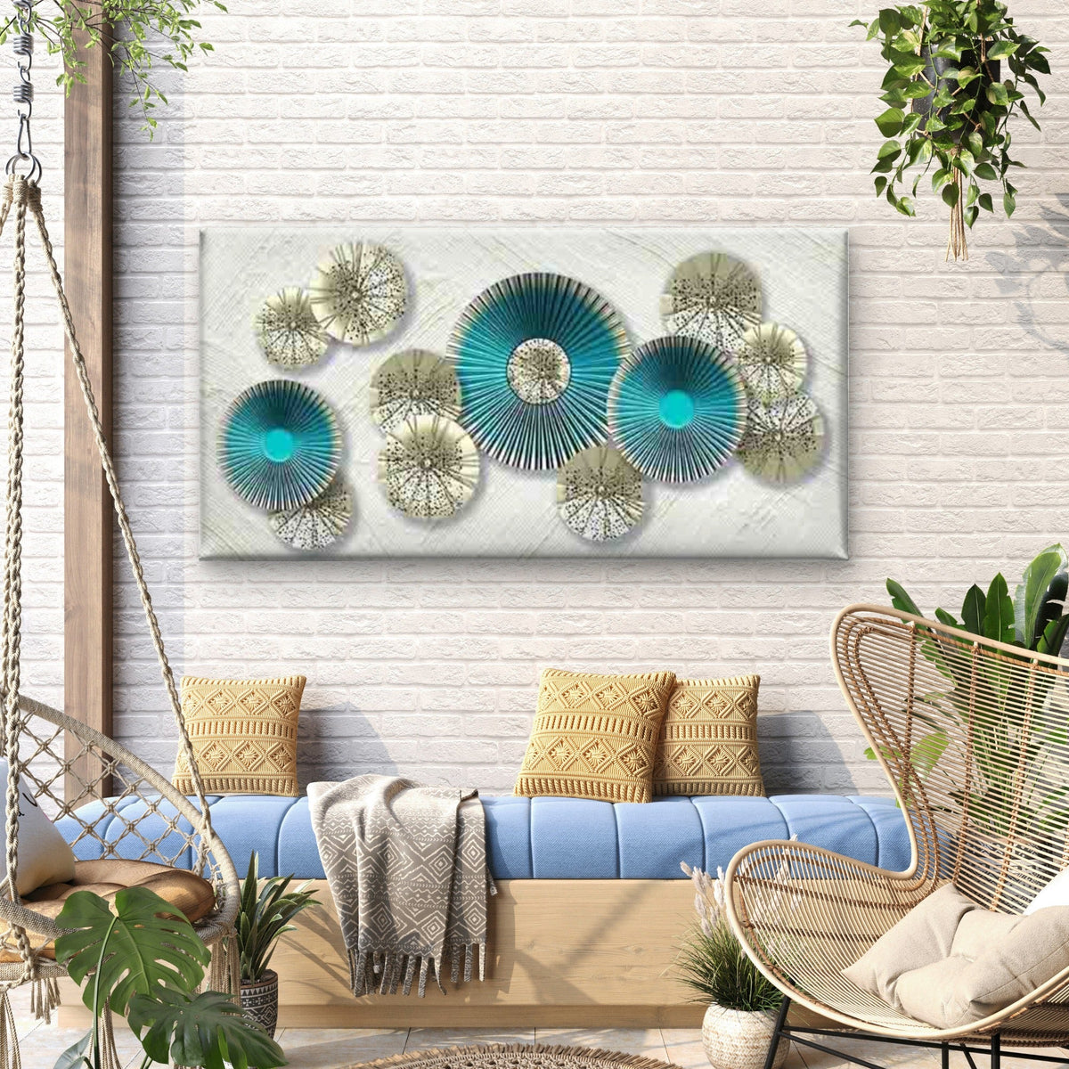 Abstract Blue And Golden Circle Wall Art Canvas Office Home Room Framed 80x45cm