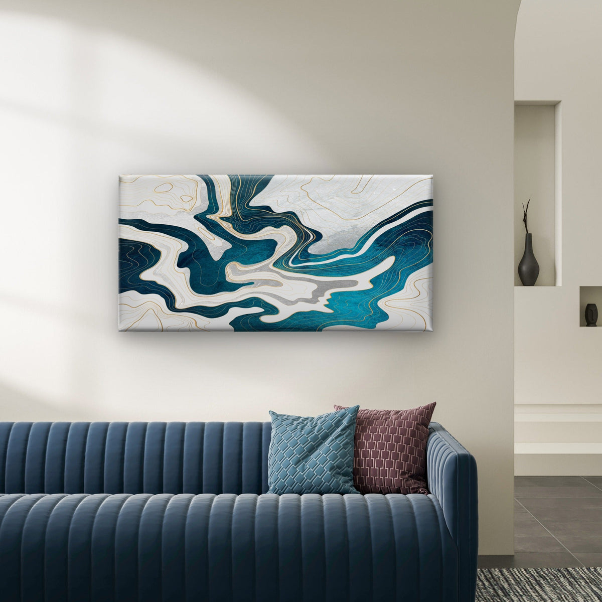 Abstract Blue Marble Gold Line Wave Wall Art Canvas Office Home Framed 120x60cm