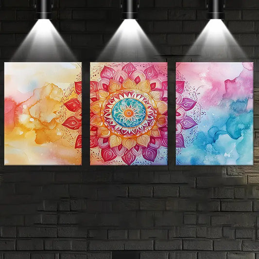 3pcs Watercolor Beautiful Mandala Flower Design Metal Print Ready to Hang Art