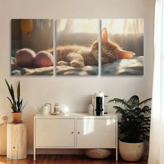 3pcs Cute Cat Sleeping on Bed Vibrant Animal Metal Print Ready to Hang Art