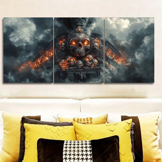 3pcs Skull Steam Train Metal Print Ready to Hang Art