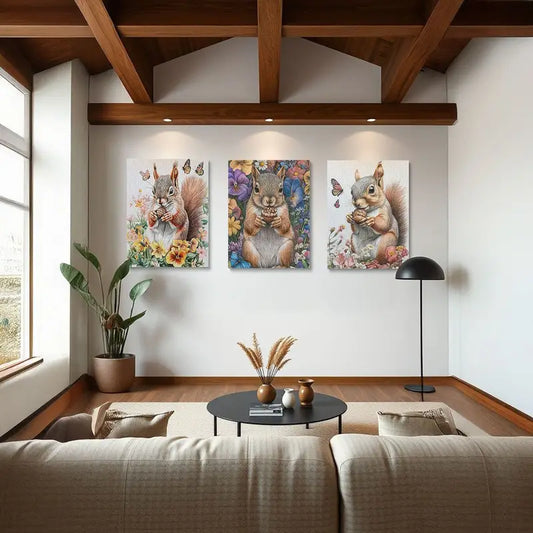 3pcs Squirrel Acorn in Paws, Floral & Butterfly Design Metal Print Ready to Hang Art