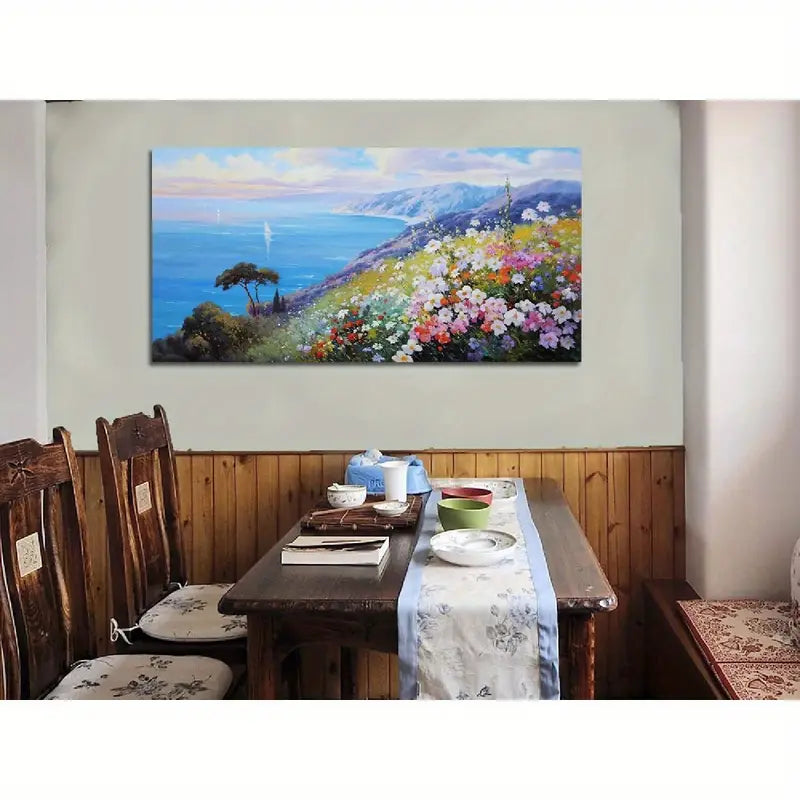 Blue Coastal Vibrant Flowers & Sailboats Ocean Seascape Wall Art canvas office home room framed 120x60cm