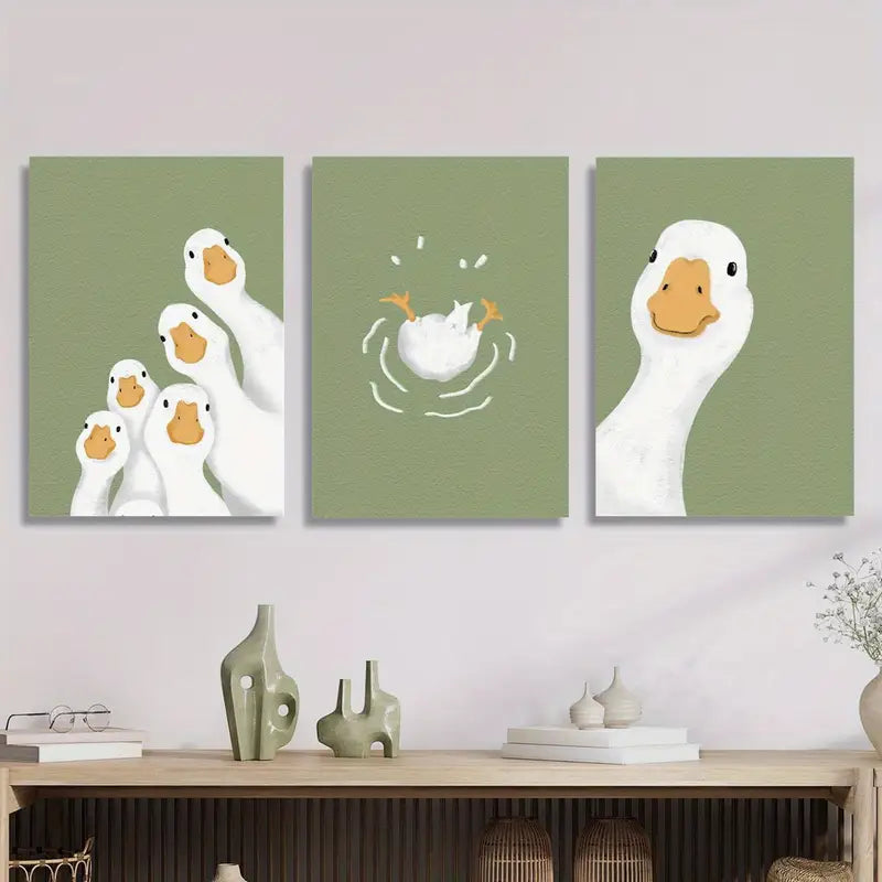 3pcs Playful Sage Green Adorable Duck Metal Print Ready to Hang Art