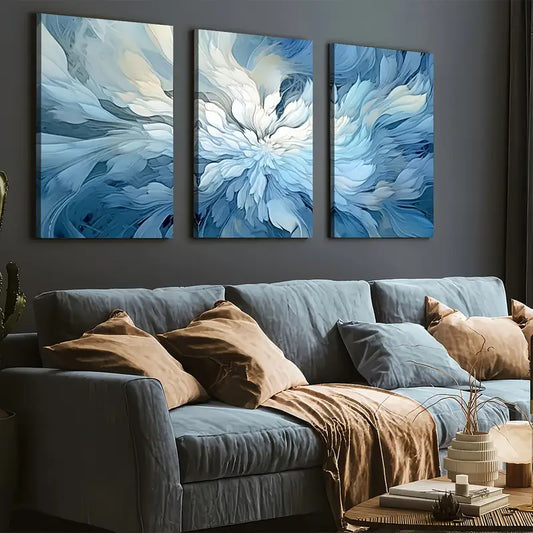 3pcs Modern Style Fashion Abstract Light Luxury Art Blue Floral Wall Art Set Canvas Framed 40x60cm - High Quality Print 100% Australian Made Wall Canvas Ready to Hang