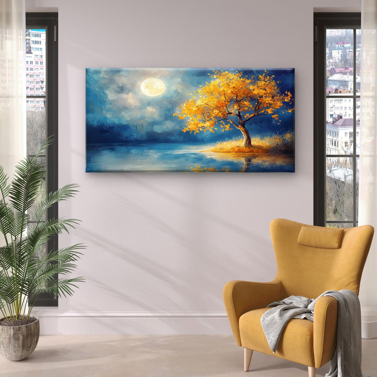 Yellow Tree Full Moon Night Wall Art Canvas Office Home Room Framed 80x45cm