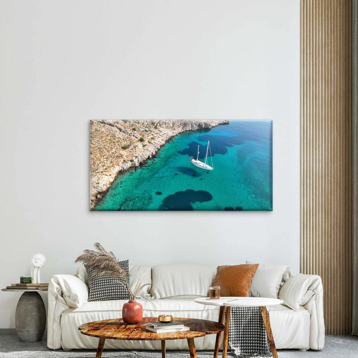 Aerial View Of Boat Along IslandWall Art Canvas Office Home Room Framed 80x45cm