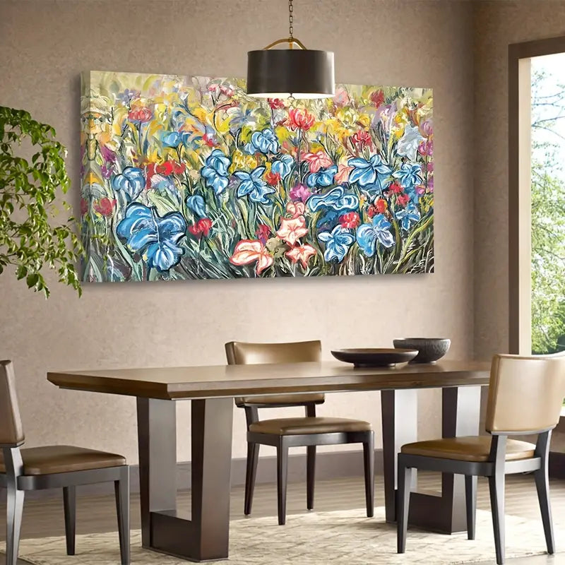 Oil Painting Style Botanical Blue Red Purple Yellow Floral Wall Art canvas office home room framed 80x45cm