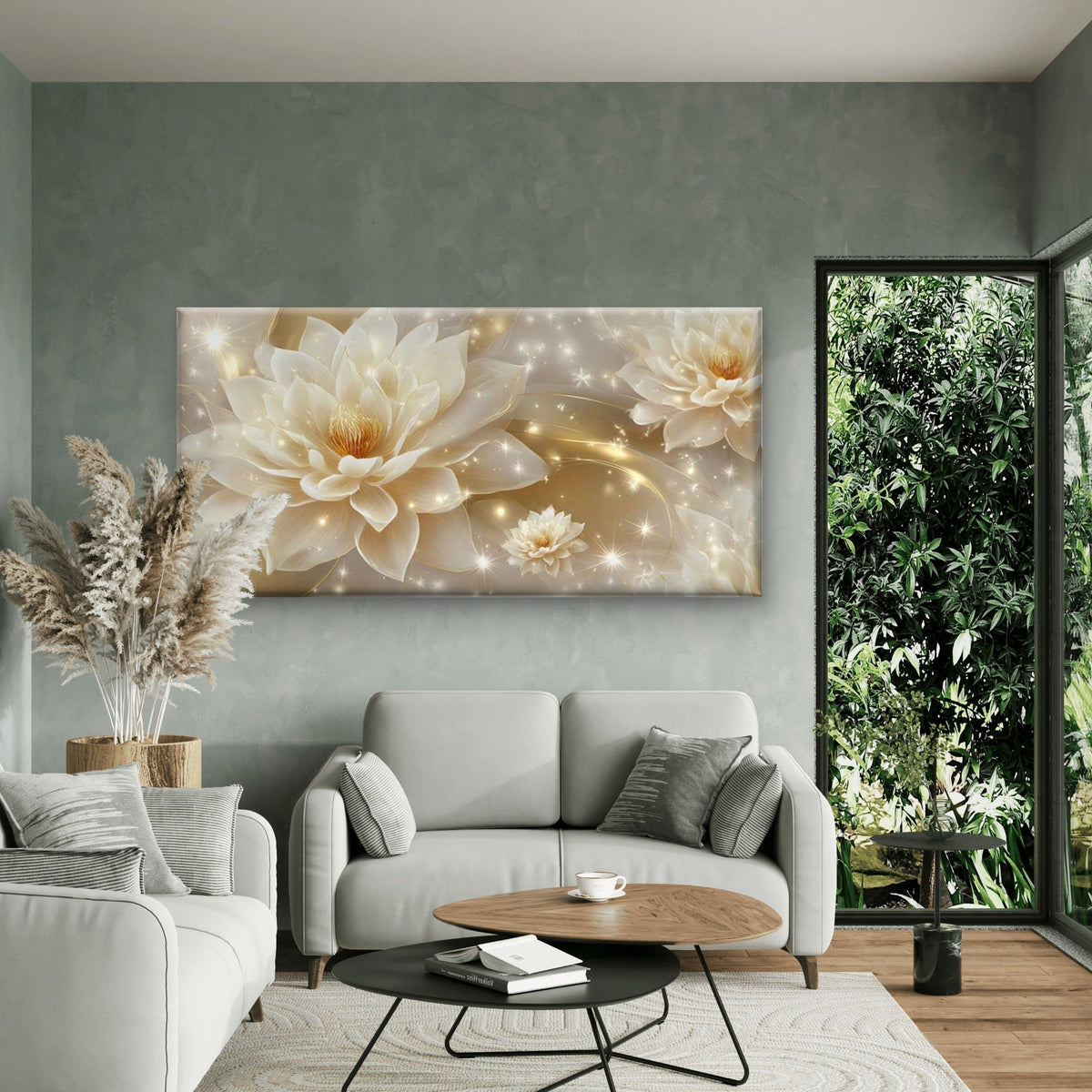 Golden for Lotus & Sparkling Wall Art Canvas Office Home Room Framed 80x45cm