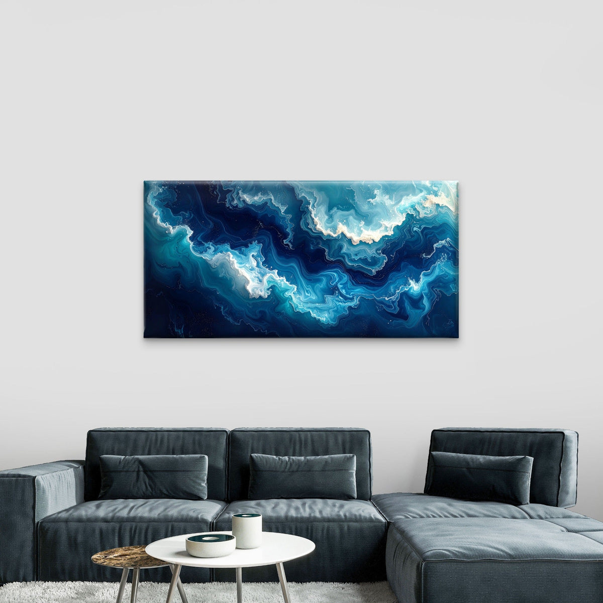 Abstract Blue Ocean Fluid Wave Wall Art Canvas Office Home Framed 80x45cm