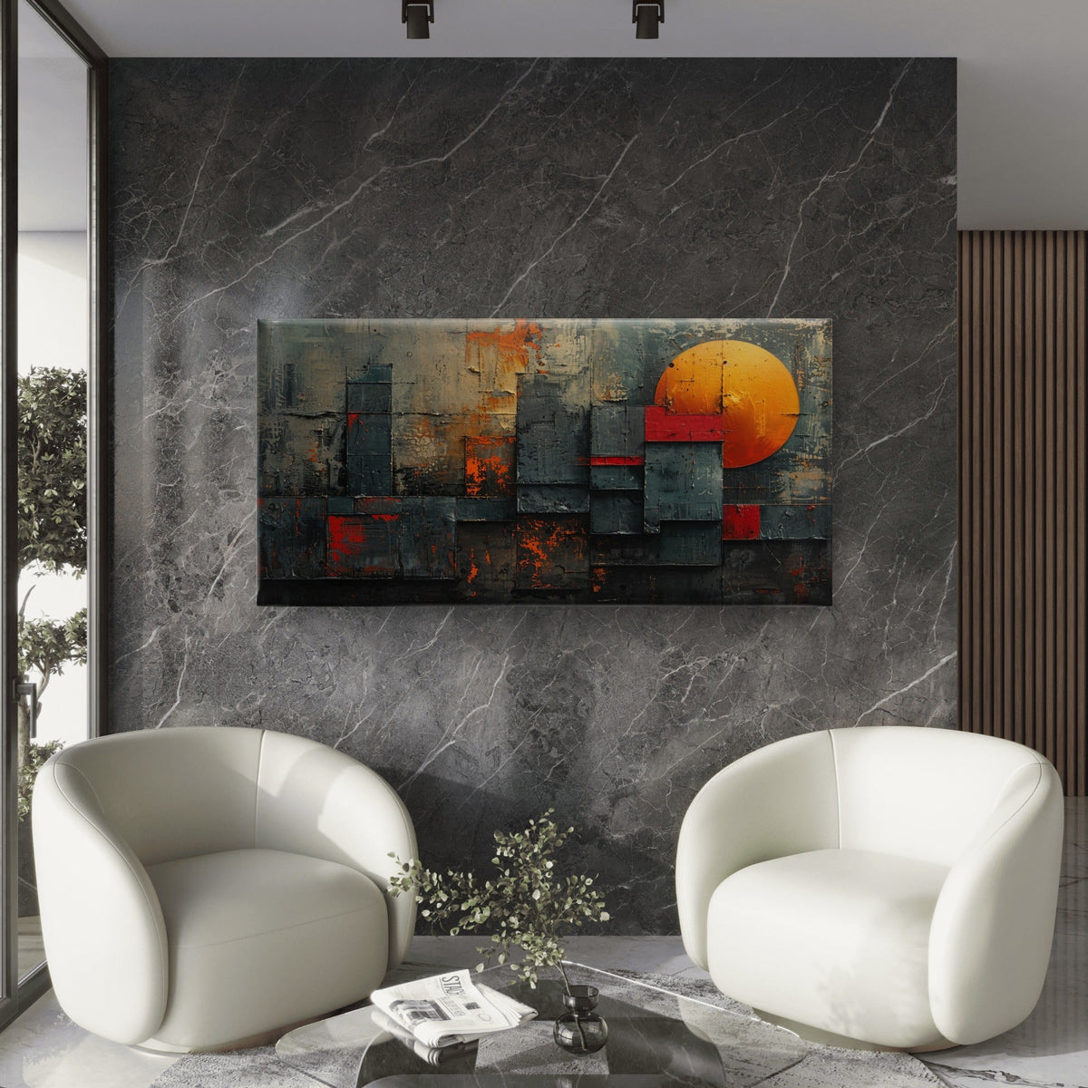 Abstract Industrial Skyline Red Sun Wall Art Canvas Office Home Framed 120x60cm