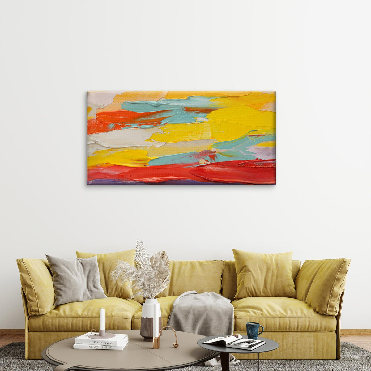 Yellow Orange Impasto Abstract Paint Wall Art Canvas Office Home Framed 80x45cm