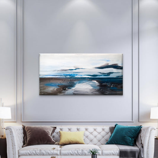 Blue and Grey Abstract Landscape Wall Art Canvas Office Home Framed 80x45cm