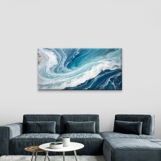 Abstract Blue Ocean Sea Foam Wave Wall Art Canvas Office Home Framed 80x45cm