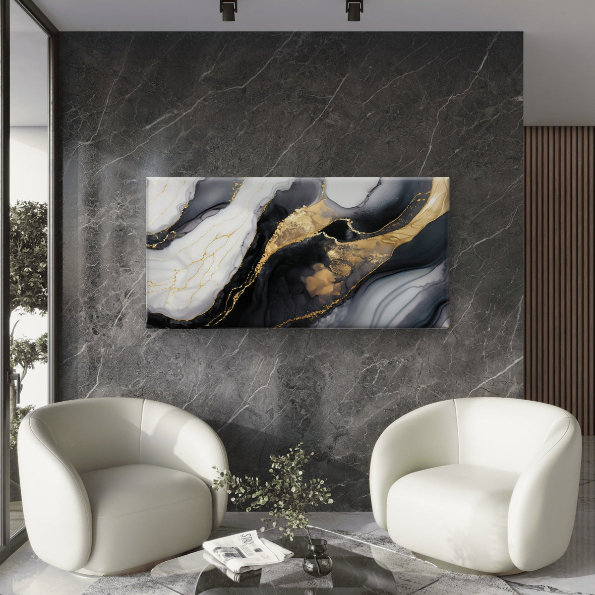 Abstract Luxury Black Gold Fluid Ink Wall Art Canvas Office Home Framed 80x45cm